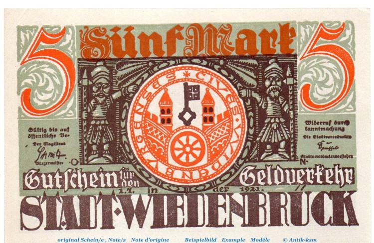 Notgeld Stadt Wiedenbrück 1423.1.b , 5 Mark -IE- mit Drfa. in kfr. von 1921 , Westfalen Seriennotgeld