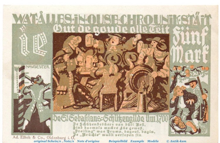 Notgeld Stadt Wiedenbrück 1423.1.b , 5 Mark -IE- mit Drfa. in kfr. von 1921 , Westfalen Seriennotgeld