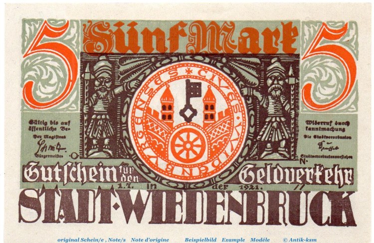 Notgeld Stadt Wiedenbrück 1423.1.b , 5 Mark -NB- mit Drfa. in kfr. von 1921 , Westfalen Seriennotgeld