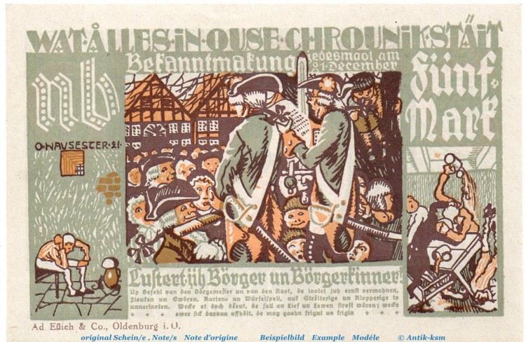 Notgeld Stadt Wiedenbrück 1423.1.b , 5 Mark -NB- mit Drfa. in kfr. von 1921 , Westfalen Seriennotgeld