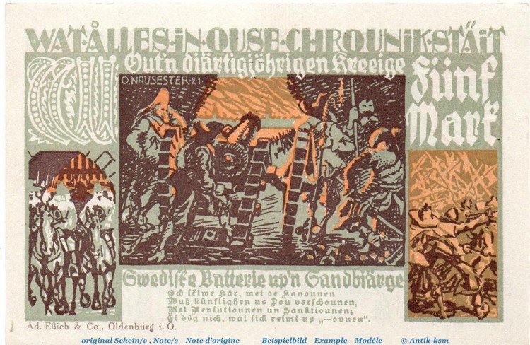 Notgeld Stadt Wiedenbrück 1423.1.b , 5 Mark -W- mit Drfa. in kfr. von 1921 , Westfalen Seriennotgeld