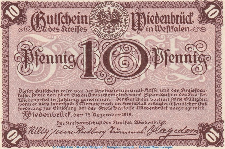 Notgeld Stadt Wiedenrück 7895.05.05 , 10 Pfennig Schein in kfr. von 1918 , Westfalen Verkehrsausgabe