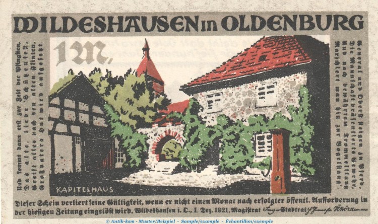 Notgeld Stadt Wildeshausen -in- 1426.1.b , 1 Mark Schein Nr.2 in kfr. von 1921 , Sachsen Anhalt Seriennotgeld