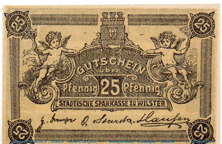 Notgeld Stadt Wilster 7960.05.05 , 25 Pfennig Schein in kfr. o.D. Schleswig Holstein Verkehrsausgabe