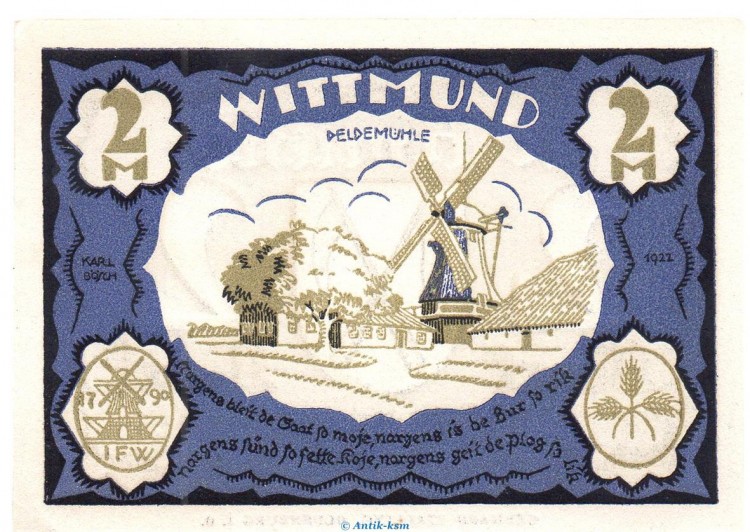 Notgeld Stadt Wittmund 1447.1 , 2 Mark Schein in kfr. von 1922 , Niedersachsen Seriennotgeld