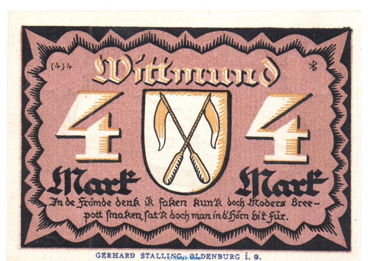 Notgeld Stadt Wittmund 1447.1 , 4 Mark Schein in kfr. von 1922 , Niedersachsen Seriennotgeld