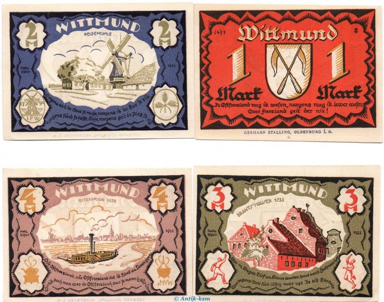 Notgeld Stadt Wittmund 1447.1 , Set mit 4 Scheinen in kfr. von 1922 , Niedersachsen Seriennotgeld