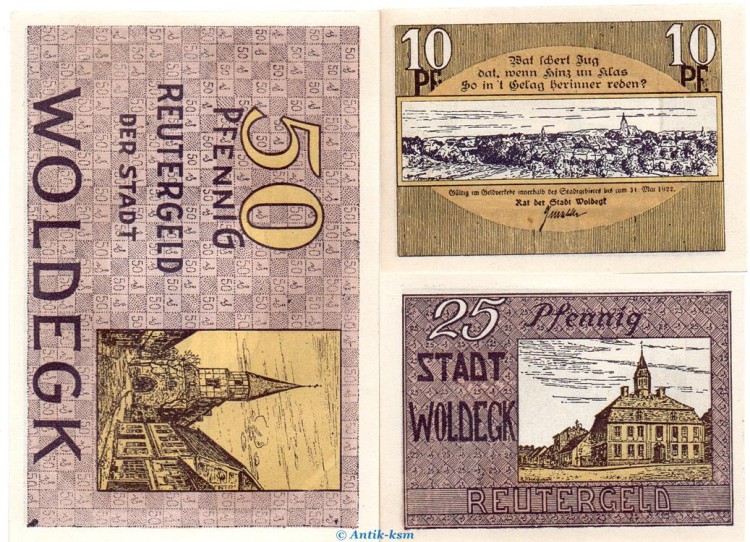 Notgeld Stadt Woldegk 1452.1 , Reutergeld Set mit 3 Scheinen in kfr. o.D. Mecklenburg Vorpommern Seriennotgeld
