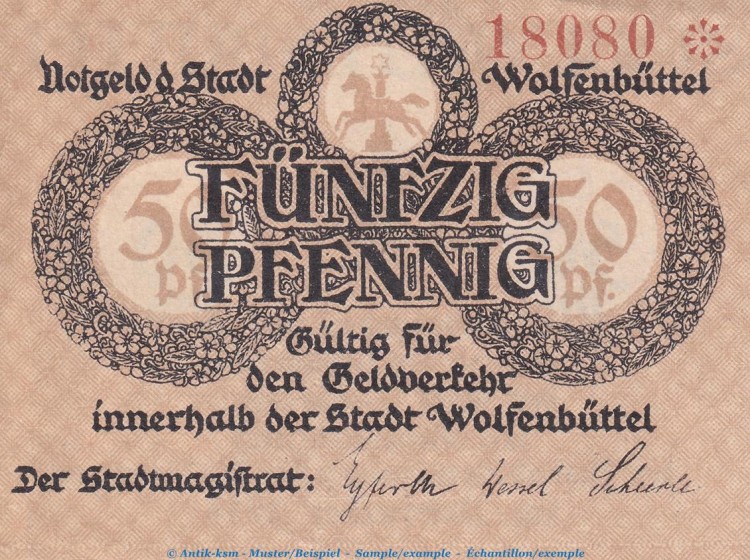 Notgeld Stadt Wolfenbüttel 8070.05.01 , 50 Pfennig Schein in kfr. von 1918 , Niedersachsen VerkehrsausgabeNotgeld Stadt Wolfenbüttel 8070.05.01 , 50 Pfennig Schein in kfr. von 1918 , Niedersachsen Verkehrsausgabe