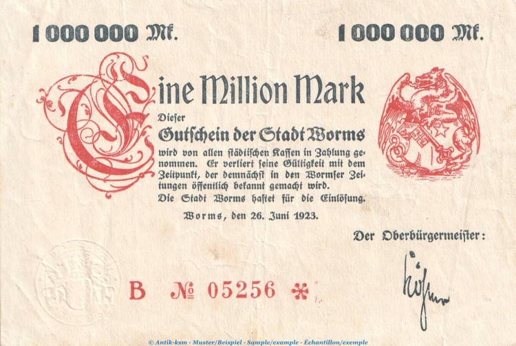 Notgeld Stadt Worms , 1 Million Mark Schein in gbr. Keller 5711.b von 1923 , Hessen Großnotgeld
