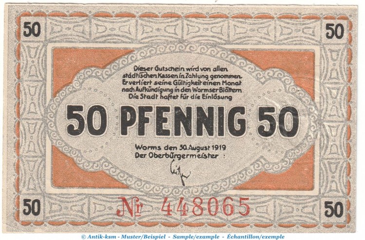 Notgeld Stadt Worms 8105.10.05 , 50 Pfennig Schein in kfr. von 1919 , Hessen Verkehrsausgabe