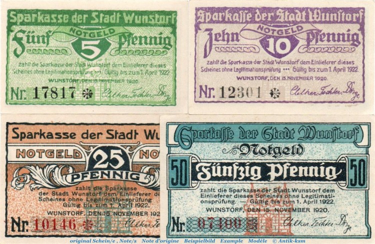 Notgeld Stadt Wunstorf 1458.1.a , Set mit 4 Scheinen in kfr. von 1920 , Niedersachsen Seriennotgeld