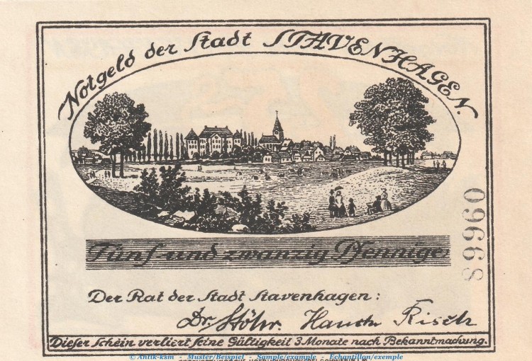Notgeld Stavenhagen 1257.1.a , 25 Pfennig Schein mit Kennummer in kfr. o.D. Mecklenburg Vorpommern Seriennotgeld