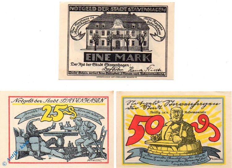 Notgeld Stavenhagen , Set mit 3 Scheinen in kfr. Mehl Grabowski 1257.1 b , von 1921 , Mecklenburg Vorpommern Seriennotgeld