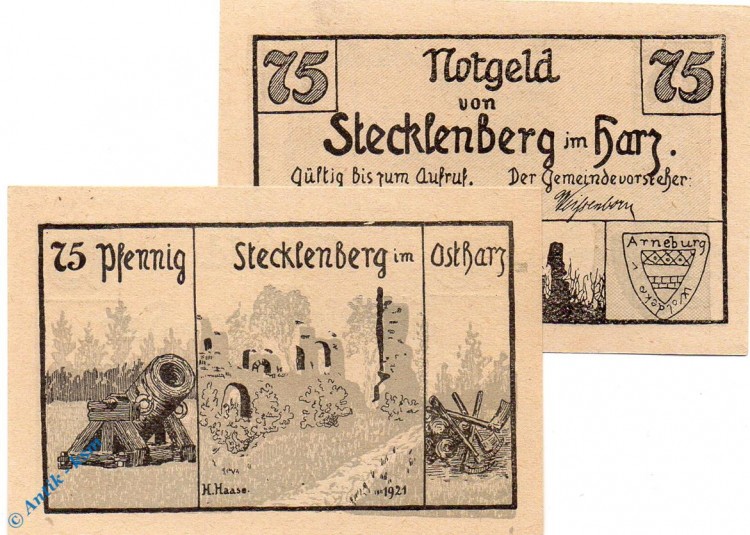 Notgeld Stecklenberg , 75 Pfennig Schein Nr 4 , 79 x 52 mm , Mehl Grabowski 1258.4 , von 1921 , Sachsen Anhalt Seriennotgeld
