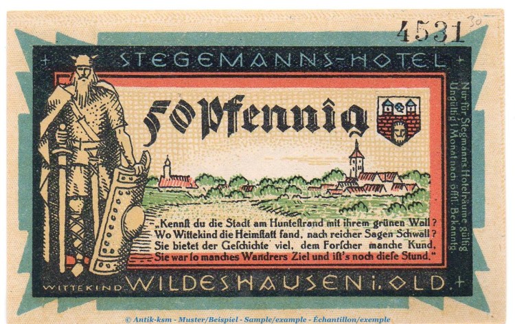 Notgeld Stegemanns Hotel Wildeshausen 1427.1.b , 50 Pfennig Nr.2 in kfr. o.D. Niedersachsen Seriennotgeld