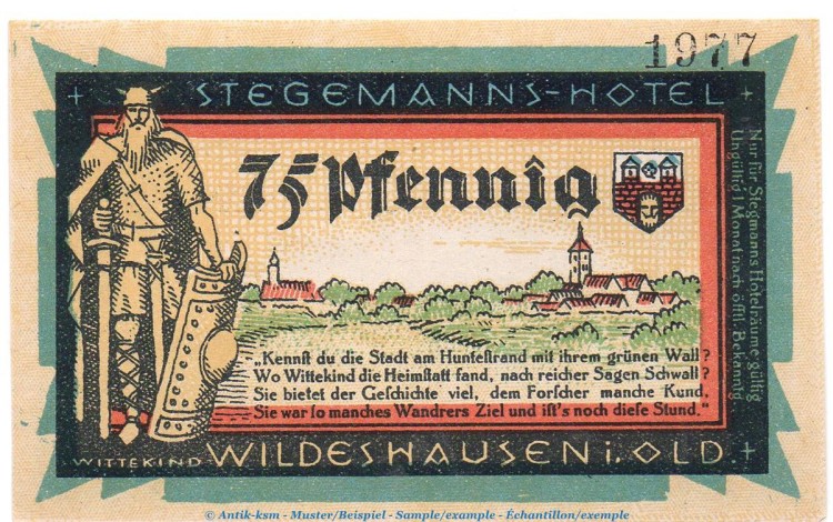 Notgeld Stegemanns Hotel Wildeshausen 1427.1.b , 75 Pfennig Schein in kfr. o.D. Niedersachsen Seriennotgeld