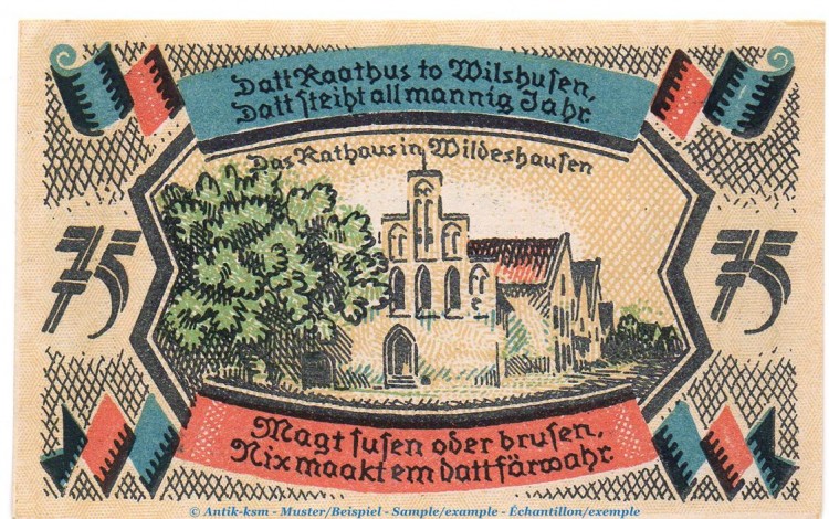 Notgeld Stegemanns Hotel Wildeshausen 1427.1.b , 75 Pfennig Schein in kfr. o.D. Niedersachsen Seriennotgeld