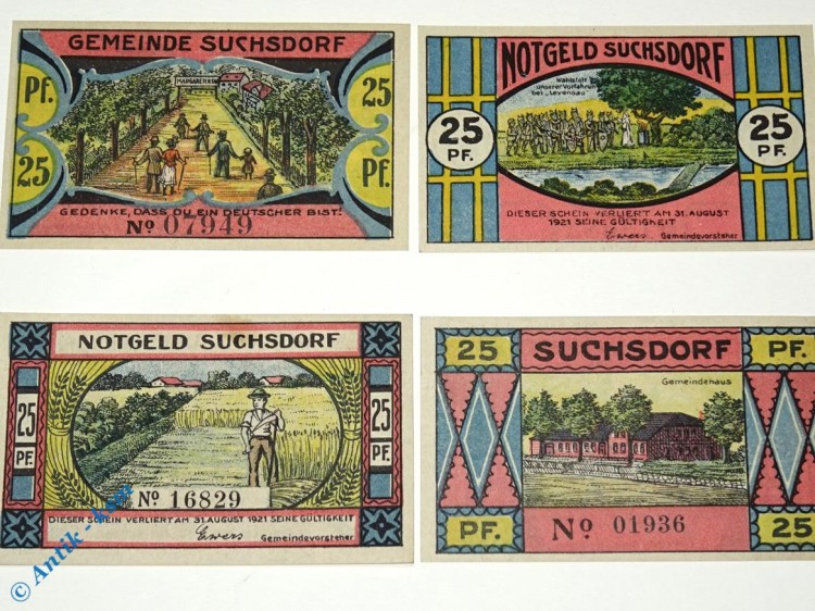 Notgeld Suchsdorf , Set mit 4 x 25 Pfennig , Mehl Grabowski 1291.1 , von 1921 , Schleswig Holstein Seriennotgeld