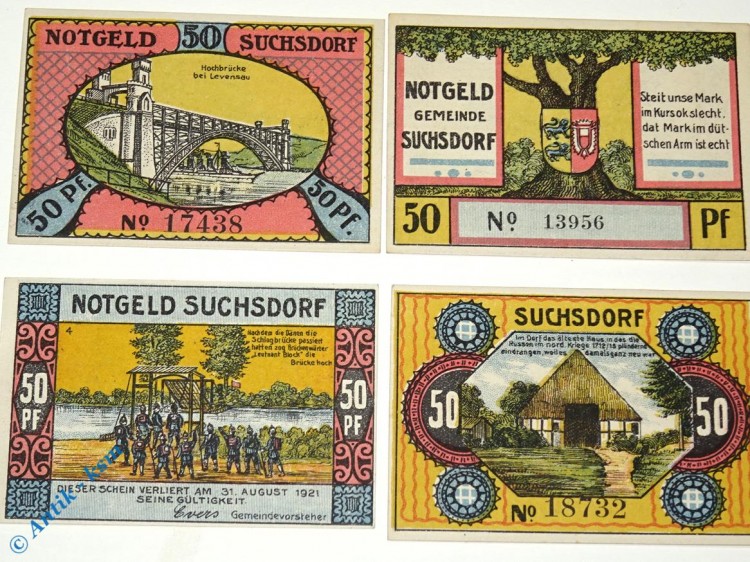 Notgeld Suchsdorf , Set mit 4 x 50 Pfennig , Mehl Grabowski 1291.1 , von 1921 , Schleswig Holstein Seriennotgeld