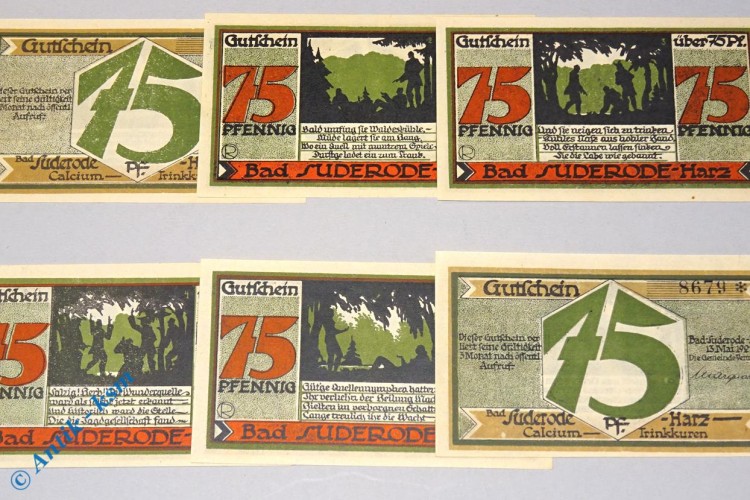 Suderode , Notgeld Set mit 6 Scheinen in kfr. M-G 1292.2-3 , Sachsen Anhalt 1921 Seriennotgeld