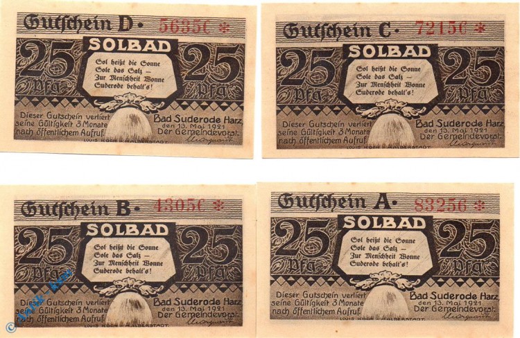 Notgeld Suderode , Satz mit 4 x 25 Pfennig , Mehl Grabowski 1392.1 a , von 1921 , Sachsen Anhalt Seriennotgeld