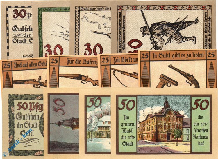 Notgeld Suhl , 3 Sets mit 12 Scheinen kfr , Rüstkammer, Stadansichten, Pistolen , Mehl Grabowski 1303.1 bis 3 , Thüringen Seriennotgeld