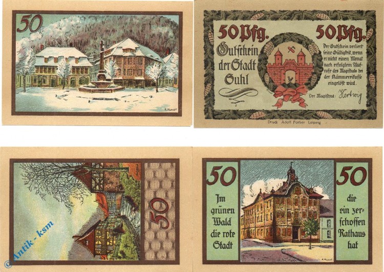 Notgeld Suhl , Stadtansichten , Set mit 4 Scheinen kfr , Mehl Grabowski 1303.3 , Thüringen Seriennotgeld