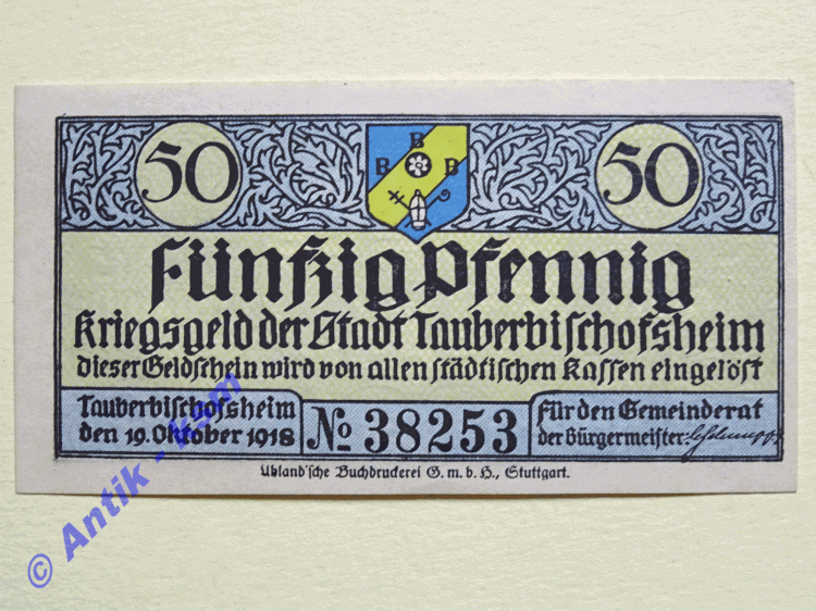 Notgeld Tauberbischofsheim , Baden , Einzelschein über 50 Pfennig , Tieste 7295.05 , von 1918 , Verkehrsausgabe