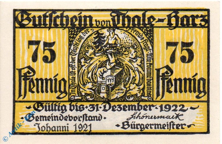 Notgeld Thale , 75 Pfennig Schein in kfr. Fehldruck , Mehl Grabowski 1320.9 d , von 1921 , Sachsen Anhalt Seriennotgeld