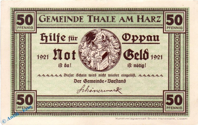 Notgeld Thale , Hilfe für Oppau , 50 Pfennig Schein Nr. 6 , Mehl Grabowski 1320.16 , von 1921 , Sachsen Anhalt Seriennotgeld