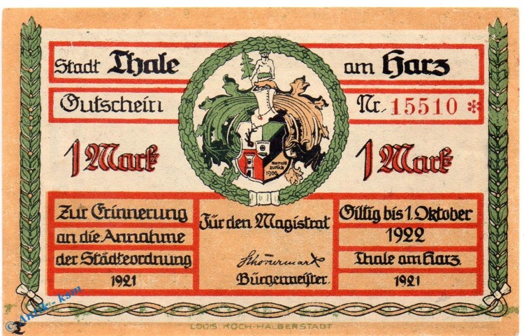 Notgeld Thale , Parkanlage , 1 Mark Schein in kfr. Mehl Grabowski 1320.14 , von 1921 , Sachsen Anhalt Seriennotgeld