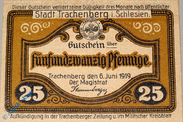 Notgeld Trachenberg , 25 Pfennig Schein , Kn schwarz , Tieste 7390.10.10 , von 1919 , Schlesien Verkehrsausgabe