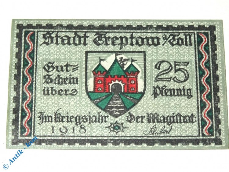 Notgeld Treptow Toll. , 25 Pfennig Schein , Tieste 7425.05.10 , von 1918 , Pommern Verkehrsausgabe