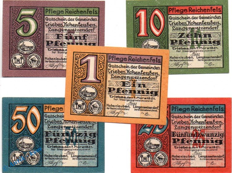 Notgeld Triebes , Pflege Reichenfels , Set mit 5 Scheinen in kfr. Tieste 7450.10.01 bis 05 , von 1921 , Thüringen Verkehrsausgabe