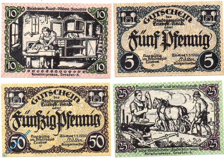 Notgeld Triebes , Set mit 4 Scheinen , Tieste 7450.05.30 - 38 , von 1920 , Thüringen Verkehrsausgabe