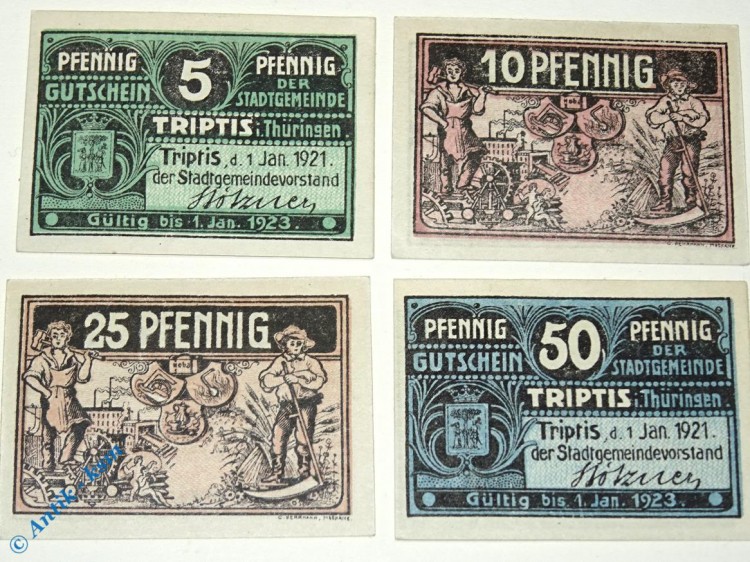 Notgeld Triptis , Set mit 4 Scheinen , Tieste 7460.05.10 bis 13 , von 1921 , Thüringen Verkehrsausgabe