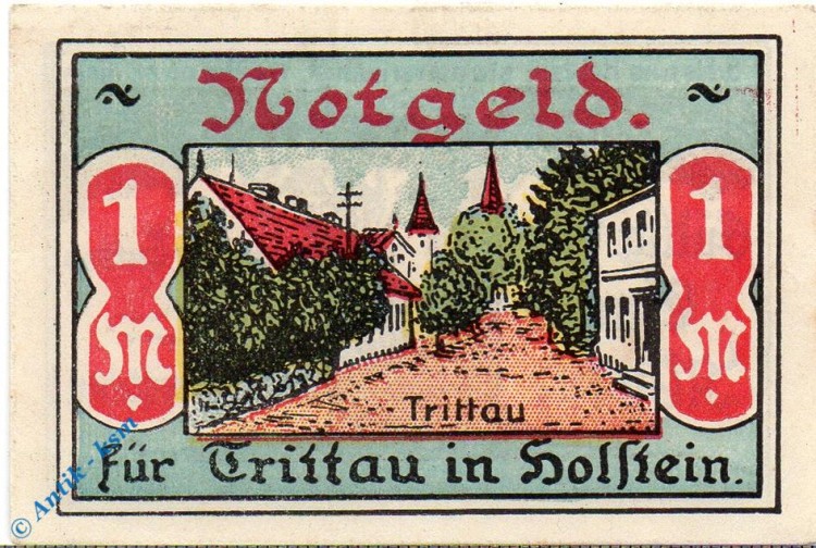Notgeld Trittau , 1 Mark Schein Nr 3 , grün , Mehl Grabowski 1347.3 , Schleswig Holstein Serien Notgeld