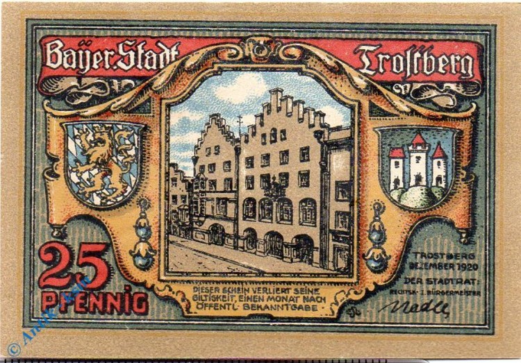 Notgeld Trostberg , 25 Pfennig Schein , Mehl Grabowski 1348.1 , von 1920 , Bayern Seriennotgeld