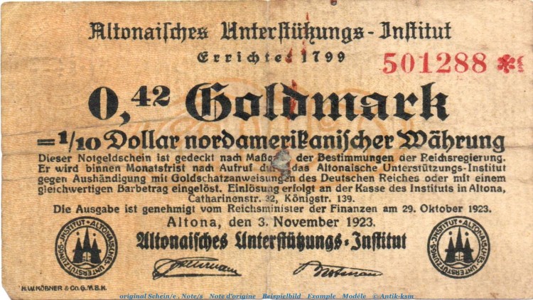 Notgeld Unterstützungsinstitut Altona 0,42 Goldmark Schein in gbr. Müller 0055.1 , 1923 , Hamburg Wertbeständig