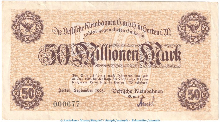 Notgeld v. Kleinbahn Herten , 50 Millionen Mark Schein in gbr. Keller 2358.g von 1923 , Westfalen Inflation