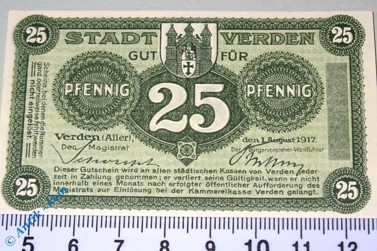 Notgeld Verden , 25 Pfennig Schein , Ohne Kennummer , Musterschein  , Tieste 7590.05.01.M , von 1917 , Niedersachsen Verkehrsausgabe