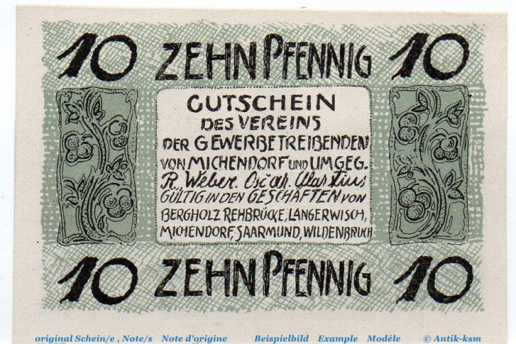 Notgeld Verein d. Gewerbetreibenden Michendorf 887.1 , 10 Pfennig Schein in kfr. von 1921 , Brandenburg Seriennotgeld