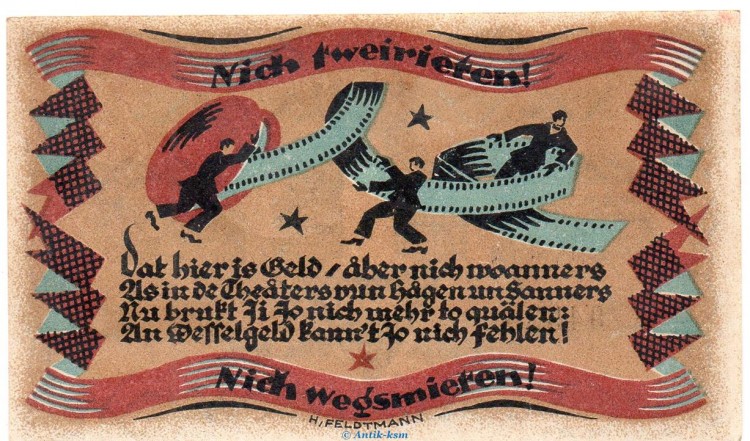Notgeld vereinigte Theater Bremen 181.1 , 1 Mark Schein in kfr. o.D. Bremen Seriennotgeld