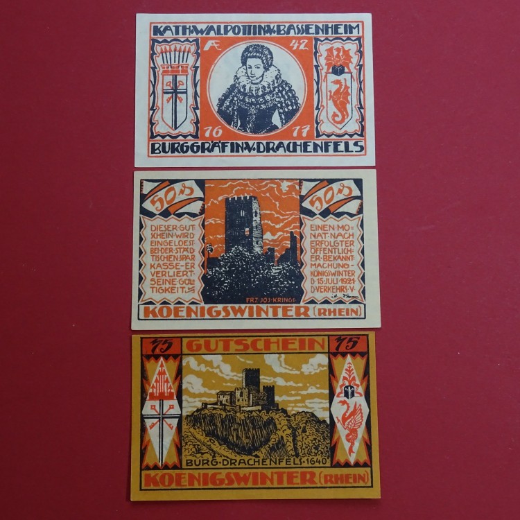 Notgeld Verkehrsverein Königswinter , Drachenfeld Ruine , Nordrhein Westfalen , kompletter Satz mit 3 Scheinen in kassenfrischer Erhaltung , Seriennotgeld , 731.2 , von 1921