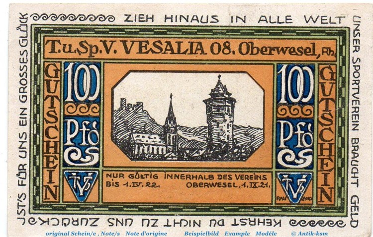 Notgeld Vesalia 08 Oberwesel 1005.1 , 1 Mark Schein Nr 2 in kfr. von 1921 , Rheinland Seriennotgeld