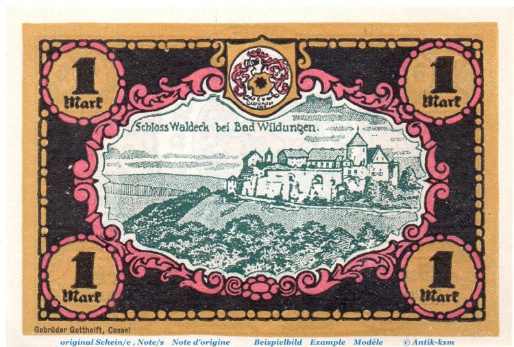 Notgeld Victoria Bad Wildungen 1428.1.a , 1 Mark Nr 1 , Weißer Rand in kfr. von 1921 , Hessen Seriennotgeld