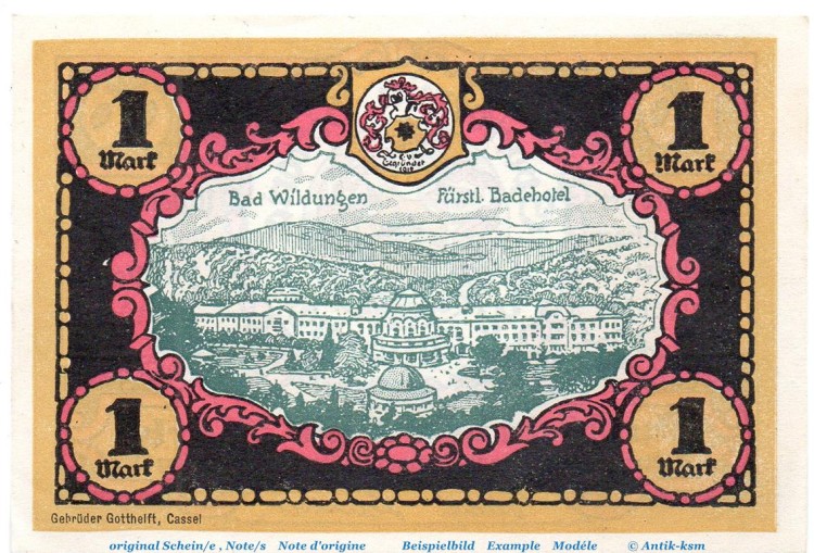 Notgeld Victoria Bad Wildungen 1428.1.a , 1 Mark Nr 3 , Weißer Rand in kfr. von 1921 , Hessen Seriennotgeld