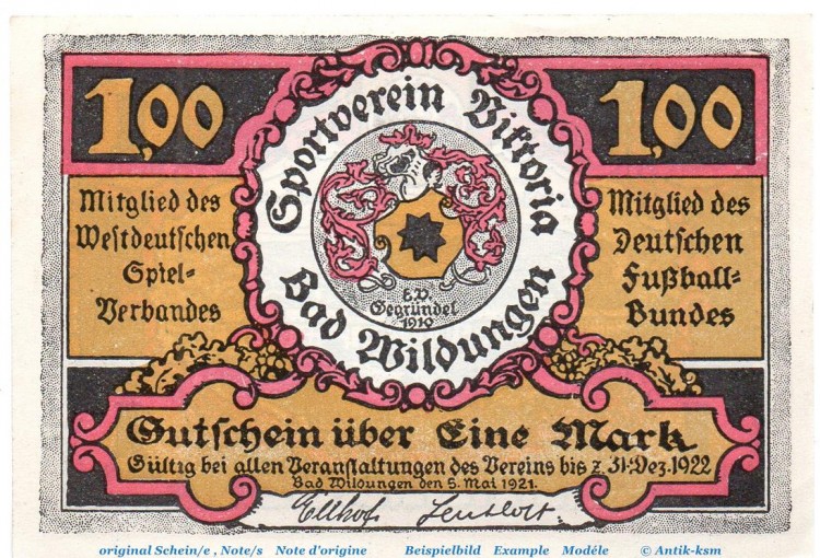 Notgeld Victoria Bad Wildungen 1428.1.a , 1 Mark Nr 3 , Weißer Rand in kfr. von 1921 , Hessen Seriennotgeld