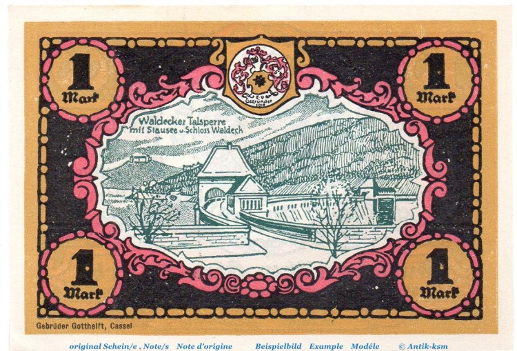 Notgeld Victoria Bad Wildungen 1428.1.a , 1 Mark Nr 4 , Weißer Rand in kfr. von 1921 , Hessen Seriennotgeld